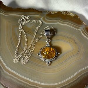 Sterling Silver Vintage Natural Amber Pendant Necklace
